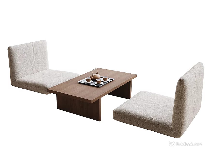 Modern Minimalist Wooden Tea Table With Beige Upholstered Seats And Tea Set 3d model 