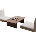 Modern Minimalist Wooden Tea Table With Beige Upholstered Seats And Tea Set