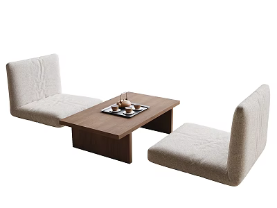 Modern Minimalist Wooden Tea Table With Beige Upholstered Seats And Tea Set 3d model