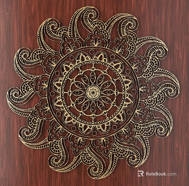 Decorative Intricate Golden Carved Design With Symmetrical Pattern On Wooden Background 3d model 