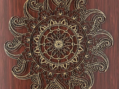 Decorative Intricate Golden Carved Design With Symmetrical Pattern On Wooden Background 3d model