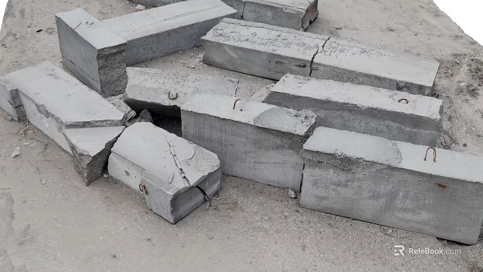 Broken Concrete Blocks Scattered On Ground With Cracks And Metal Fasteners 3d model 