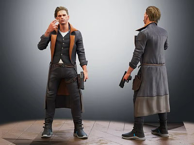 Man In Long Coat Vest And Shirt Holding Gun With Standing Front Back Views 3d model