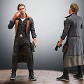 Man In Long Coat Vest And Shirt Holding Gun With Standing Front Back Views