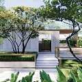 Lush Courtyard Garden With Green Plants Stone Paved Path And Modern Building View