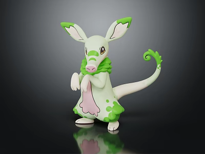 Animated Creature Character Standing With White Body Green Ears Pink Belly And Curled Tail 3d model