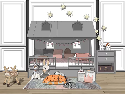 Gray House Shaped Children's Bed With Star Decorations Pillows Toys And Rocking Horse 3d model