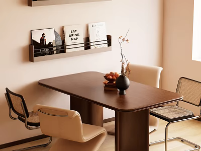 Modern Dining Table Set With Chairs Shelf Books Vase Flowers And Fruits 3d model