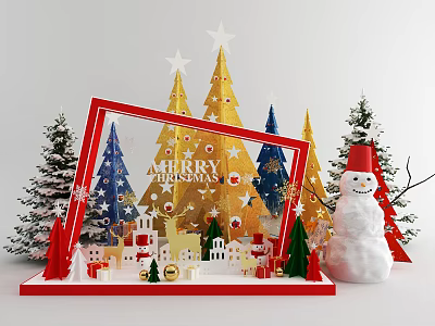 Christmas Decoration Scene With Colorful Trees Snowman Gift Boxes And Red Frame 3d model