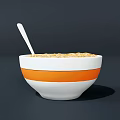 White And Orange Striped Bowl Filled With Cereal And White Spoon On Dark Background