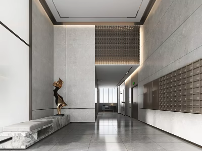 Elevator Hallway Modern Design With Gray Walls Marble Floor Metal Sculpture Bench And Mailboxes 3d model