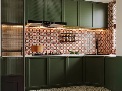 Modern Kitchen Interior With Green Cabinets Colorful Tiled Backsplash Black Range Hood And Metal Rack 3d model