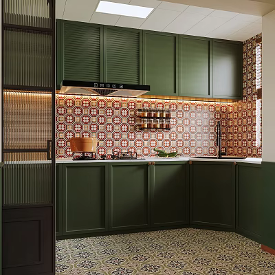 Modern Kitchen Interior With Green Cabinets Colorful Tiled Backsplash Black Range Hood And Metal Rack 3d model