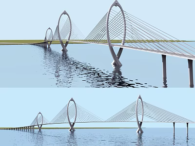 Modern Cable Stayed Bridge With Unique Arch Design Spanning Water And Scenic Reflection 3d model