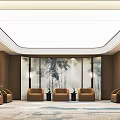 Modern Hotel Public Lounge Area With Chinese Screen Brown Sofas And Carpet Lighting 3d model