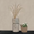 Elegant Woven Vase With Pampas Grass On Wooden Stump And Woven Basket With White Flowers