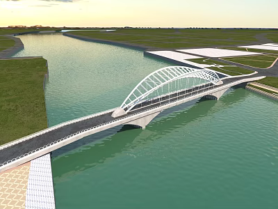 Modern Arch Bridge Spanning River With Green Landscapes And Sunset Sky 3d model