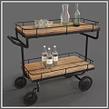 Vintage Two Tier Serving Cart With Wooden Shelves Metal Frame And Glassware