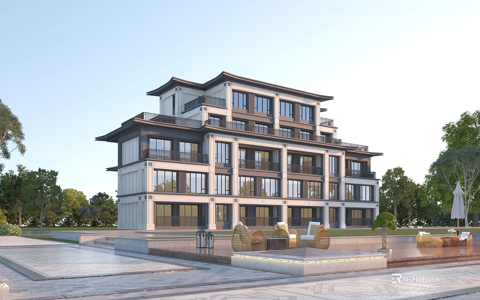 Twin Villa Chinese Style Modern Exterior With Large Windows And Landscaping 3d model 