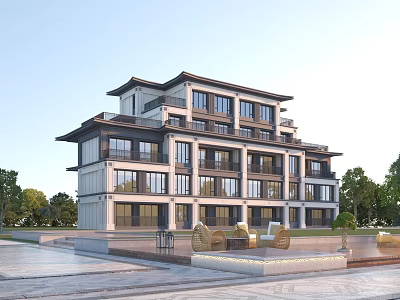 Twin Villa Chinese Style Modern Exterior With Large Windows And Landscaping 3d model