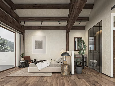 Hotel Room With Wooden Beamed Ceiling Mountain View Green Plants Beige Sofa And Wooden Floor 3d model