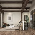 Hotel Room With Wooden Beamed Ceiling Mountain View Green Plants Beige Sofa And Wooden Floor