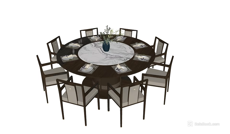 Round Dining Table Set With Marble Tabletop And Surrounding Chairs Decorative Vase 3d model