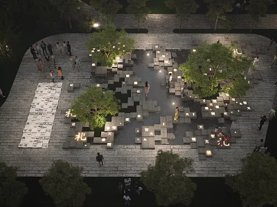 Water Fountain in Evening Public Square with Illuminated Lights Green Trees and People 3d model