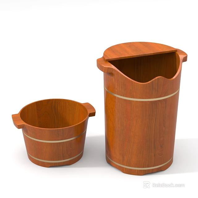 Rustic Wooden Buckets Set Featuring Small And Large Sizes With Decorative Bands 3d model 