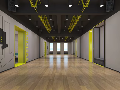 Spacious Fitness Studio With Wooden Floors Yellow Accents And Ceiling Structures 3d model