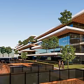 Modern Office Building Design With Rooftop Greenery Open Plaza And Pedestrians