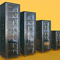 Modern Computer Server Racks With Transparent Glass Doors And Internal Equipment On Yellow Background