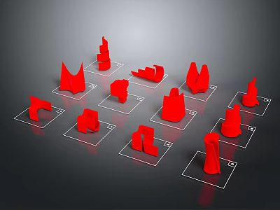 Red 3D Printed Models of Various Shapes Arranged in White Frames on Black Background 3d model