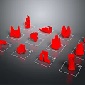Red 3D Printed Models of Various Shapes Arranged in White Frames on Black Background