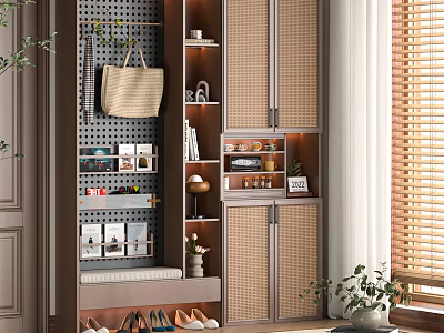 Modern Shoe Cabinet Interior Design With Hanging Hooks Shelves And Storage Bench 3d model