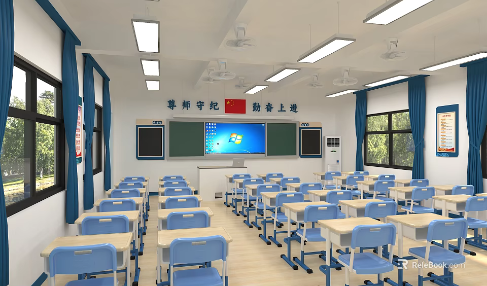 Spacious Bright Classroom Interior With Blue Desks Chairs Blackboard Digital Screen And Fans 3d model 