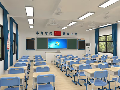Spacious Bright Classroom Interior With Blue Desks Chairs Blackboard Digital Screen And Fans 3d model