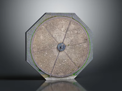 Octagonal Stone Manhole Cover With Circular Metal Center Brick Edges And Moss 3d model