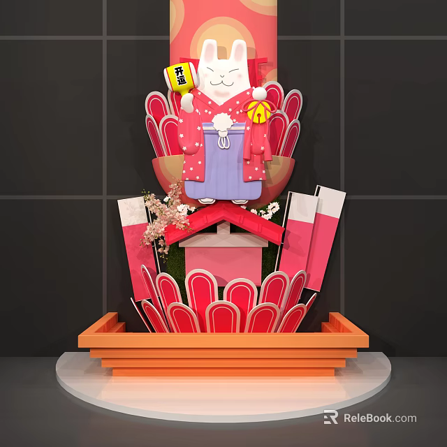 Traditional Japanese Cat Decoration With Red Ornaments Cherry Blossoms And Orange Base 3d model 