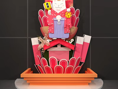 Traditional Japanese Cat Decoration With Red Ornaments Cherry Blossoms And Orange Base 3d model