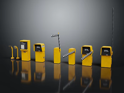 Various Yellow Parking Devices Arranged With Ticket Machines And Striped Barriers On Dark Surface 3d model
