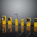 Various Yellow Parking Devices Arranged With Ticket Machines And Striped Barriers On Dark Surface
