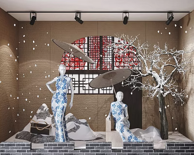 Traditional Chinese Window Display Featuring Blue White Porcelain Models Umbrellas Snowy Tree And Red Lattice 3d model