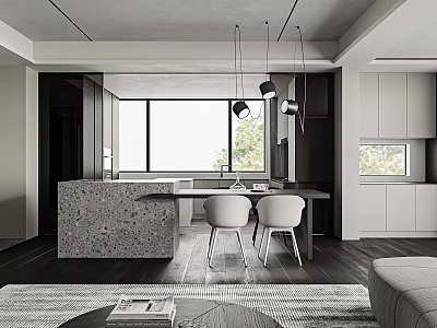 Modern Restaurant Open Kitchen Interior With Island Counter And Dining Seats 3d model