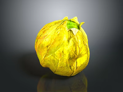Shiny Yellow Leaf Wrapped Fruit With Green Top On Black Background 3d model