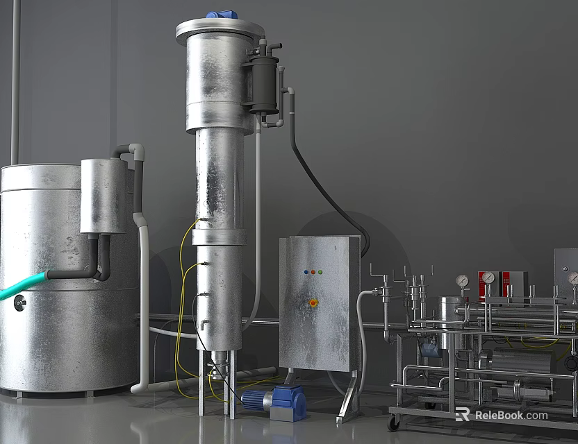 Industrial Equipment Featuring Silver Cylindrical Vessel Control Panel And Piping System 3d model 