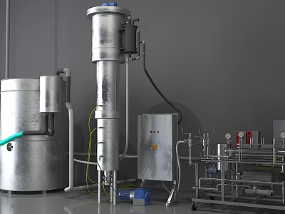 Industrial Equipment Featuring Silver Cylindrical Vessel Control Panel And Piping System 3d model
