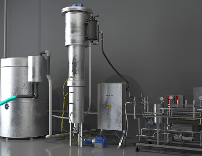Industrial Equipment Featuring Silver Cylindrical Vessel Control Panel And Piping System 3d model