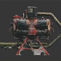 Red And Black Automotive Engine Component With Metal Pipes On Red Stand Dark Background