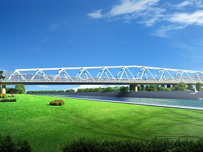 Modern White Bridge Spanning Over Calm Water With Green Grass And Blue Sky 3d model